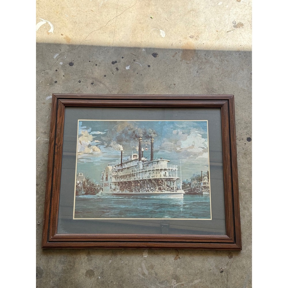 John Berkey signed framed metallic etching Steamboat Art 24x20